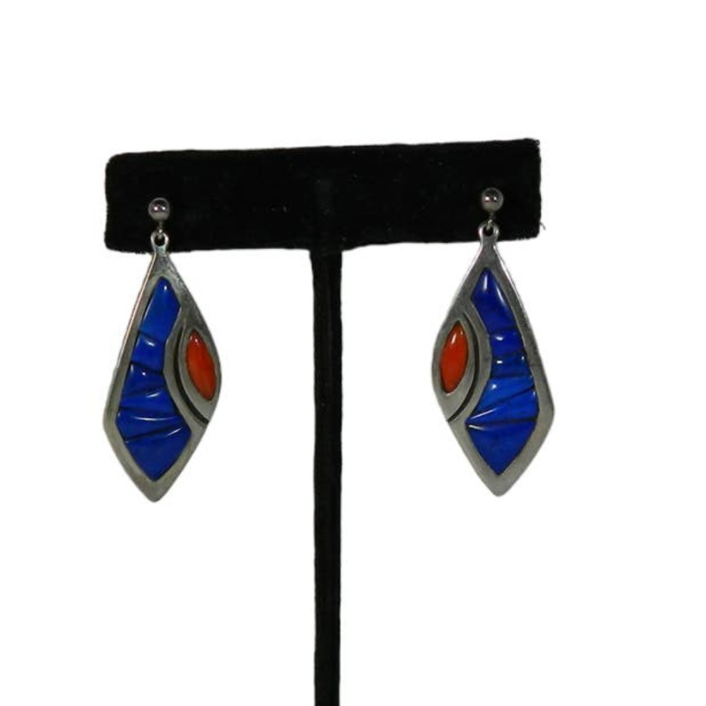 Sterling Silver And Lapis + Coral Inlay Earrings … - image 5